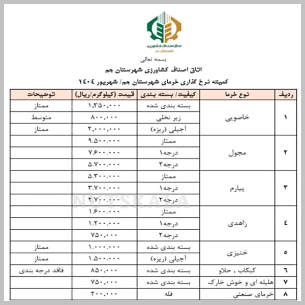 لیست قیمت انواع خرما 1404